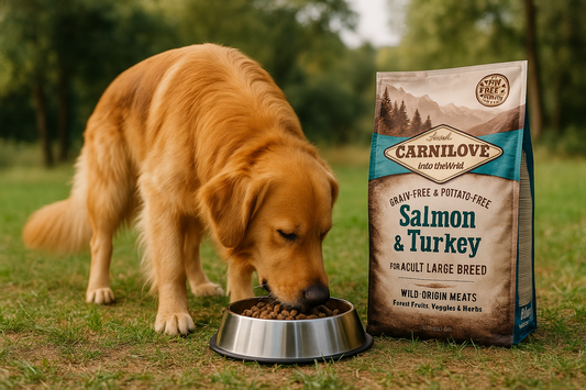 Large breed dog eating Carnilove